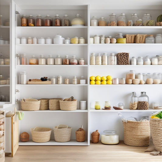 A clutter-free pantry with white shelves, wooden floor, and soft natural light, featuring neatly arranged jars, baskets, and containers with colorful labels, and a few well-placed kitchen utensils.