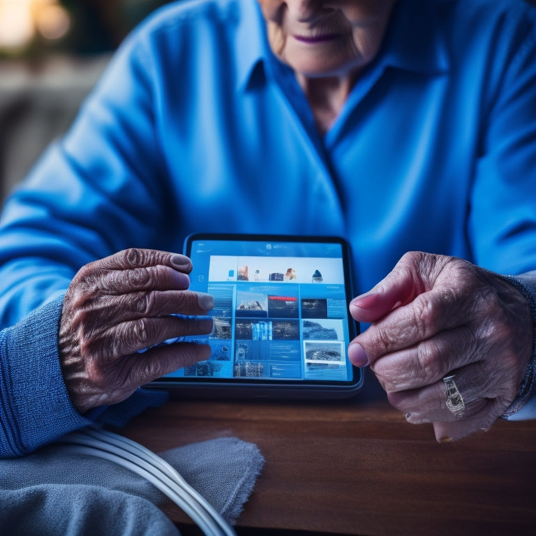 An older adult's hands holding a tablet, surrounded by scattered digital devices and cords, with a subtle mess of icons and windows on the screen, contrasted with a clean, organized digital background.
