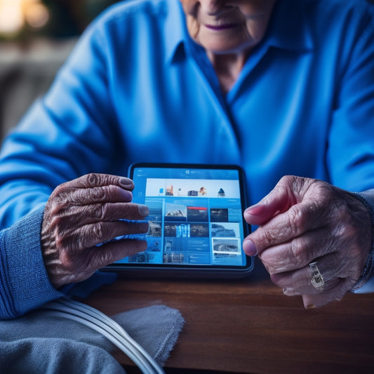 An older adult's hands holding a tablet, surrounded by scattered digital devices and cords, with a subtle mess of icons and windows on the screen, contrasted with a clean, organized digital background.