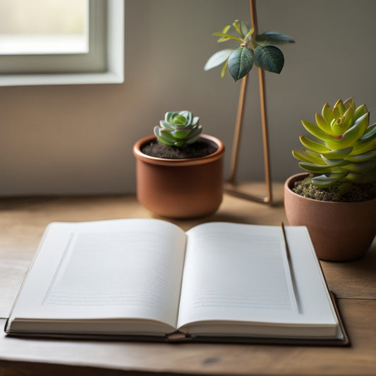 A serene, minimalist desk with a single, leather-bound journal, a slender pen, and a small, potted succulent, set against a soft, creamy background with subtle, natural textures.