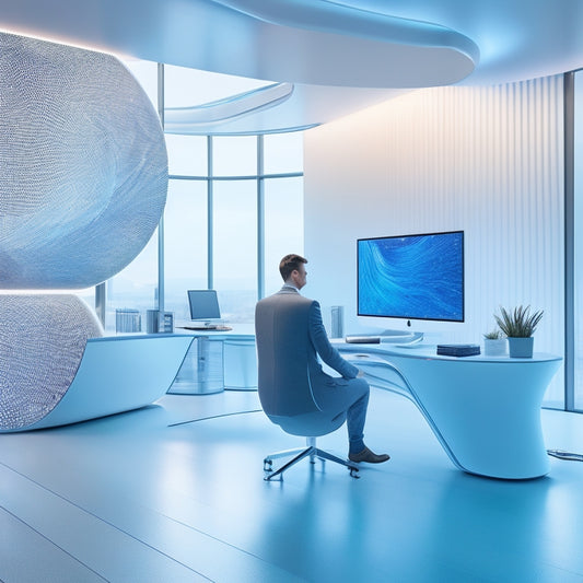 A futuristic, minimalist workspace with a sleek, silver desk, surrounded by floor-to-ceiling screens displaying swirling patterns of shapes and colors, with a lone designer gesturing towards a holographic logo.