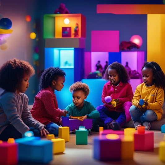 A vibrant, futuristic hub with colorful blocks, toys, and gentle curves, surrounded by diverse, joyful children engaging in various therapies, with subtle, glowing light accents symbolizing innovation and progress.