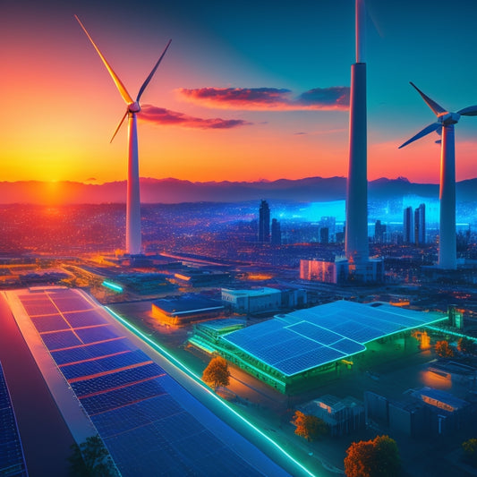 A futuristic cityscape at dusk with sleek, curved solar panels and towering wind turbines, amidst a backdrop of glowing blue batteries and circuitry patterns, set against a gradient of warm orange to deep blue hues.