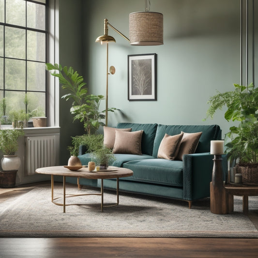 A serene, minimalist living room with a reclaimed wood coffee table, a velvet green sofa, and a floor lamp made from a repurposed vintage bottle, surrounded by lush greenery.