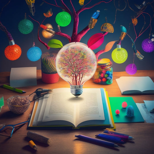 Illustrate a vibrant, colorful mind map with swirling branches, radiating from a central hub, featuring icons of lightbulbs, stars, and thought bubbles, surrounded by scattered papers, pencils, and a few open textbooks.