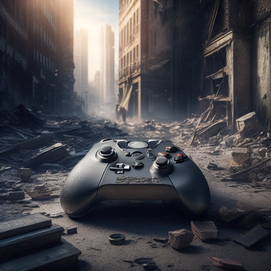 A darkened, abandoned cityscape with a massive, crumbling Ubisoft logo in the center, surrounded by broken game controllers, shattered screens, and forgotten game discs scattered about.
