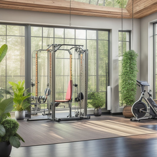 A serene, well-organized home gym with a mirrored wall, wooden floors, and a few pieces of sleek, modern equipment, surrounded by lush green plants and soft, natural light filtering through large windows.