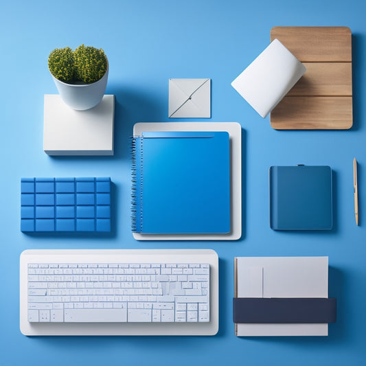 A minimalist desk with a sleek laptop, a neatly organized folder with labeled tabs, and a few pens aligned at a 90-degree angle, set against a calming blue-gray background with subtle grid lines.