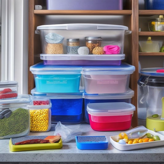 An organized kitchen countertop with a transparent Ziplock Organizer box in the center, filled with neatly stacked, labeled, and colorful storage bags of various sizes, surrounded by tidy utensils and appliances.