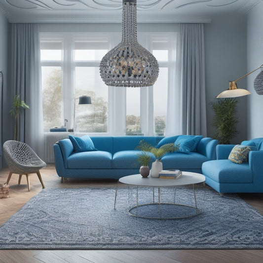 A clutter-free, modern living room with a futuristic 3D-printed chandelier, a customized phone case on a side table, and a robotic pet on the floor, surrounded by intricate, swirling patterns.