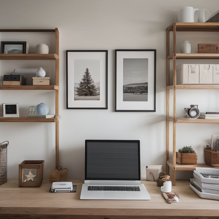 A tidy, minimalist home office with a laptop open on a wooden desk, surrounded by neatly organized storage bins, a cordless scanner, and a few framed family photos on a shelf in the background.