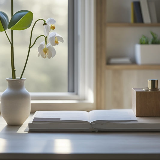 A serene, minimalist room with a few, carefully selected possessions, warm natural light, and a single, blooming white orchid on a clutter-free wooden desk.