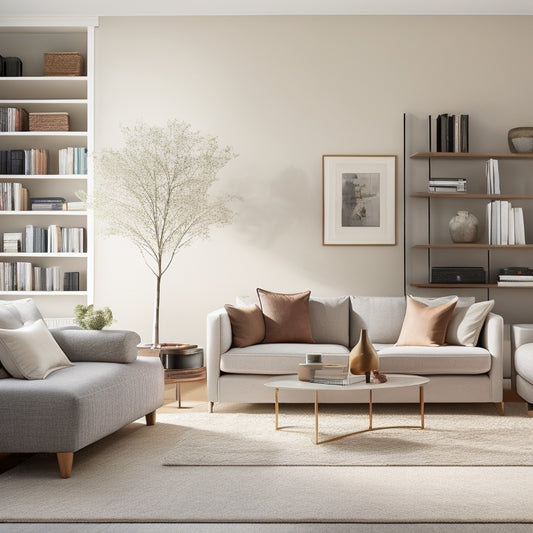 A serene living room with a minimalist sectional sofa, a sleek coffee table, and a floor-to-ceiling shelving unit with neatly stacked books and decorative objects in a calm, neutral color palette.