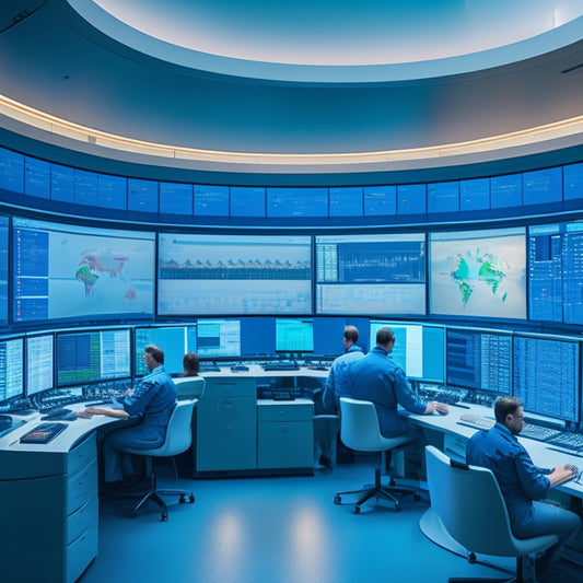 A futuristic, sleek, and modern industrial control room with a large, curved screen displaying a 3D topographical map, surrounded by rows of computer terminals and technicians in lab coats.