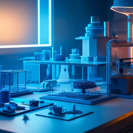 A futuristic, high-contrast laboratory scene with a 3D resin-printed object at center, surrounded by scattered blueprints, broken prototypes, and precision tools, under a halo of intense, focused light.