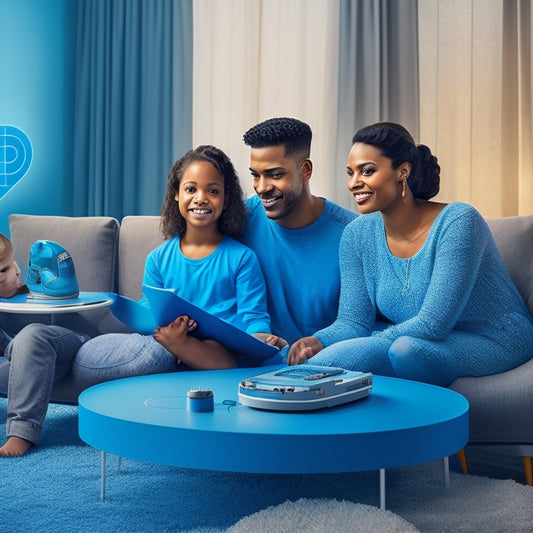 A stylized illustration of a family of four surrounded by interconnected devices, with subtle Microsoft logos and icons in the background, blending into a subtle gradient of blues and whites.