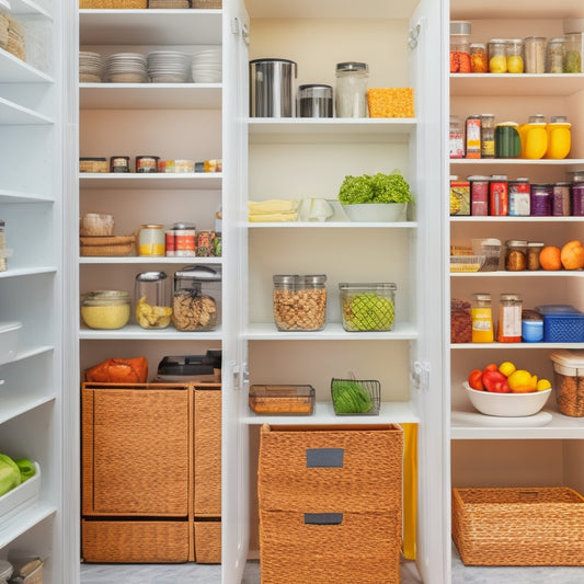 A bright, modern kitchen pantry with sleek white shelves, baskets, and containers, featuring a tablet or smartphone displaying a pantry organization app, surrounded by neatly arranged food items and utensils.
