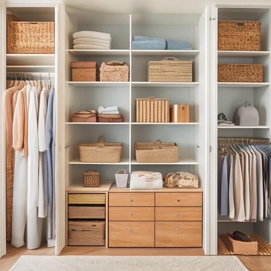 A clutter-free, well-organized closet with shelves, drawers, and rods, featuring a mix of storage bins, baskets, and hanging organizers in a calming, light-wood tone aesthetic.