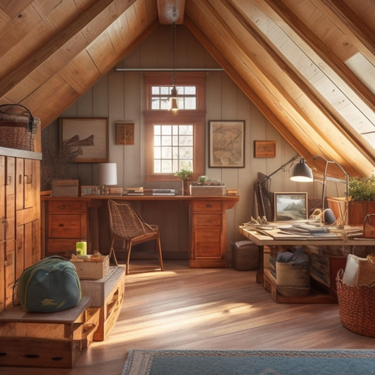 A clutter-free attic with a slanted roof, wooden beams, and large windows; storage bins and baskets organized on shelves, hanging rods, and a Murphy desk, surrounded by soft, warm lighting.
