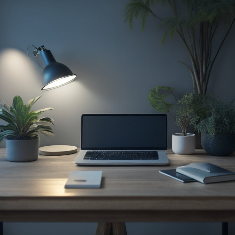A serene, minimalist workspace with a tidy laptop, a few organized notebooks, and a small potted plant, surrounded by a subtle, calming blue glow, on a light wood desk.