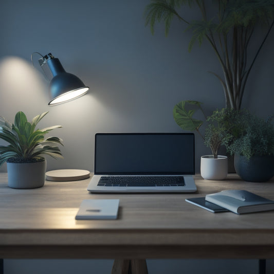 A serene, minimalist workspace with a tidy laptop, a few organized notebooks, and a small potted plant, surrounded by a subtle, calming blue glow, on a light wood desk.