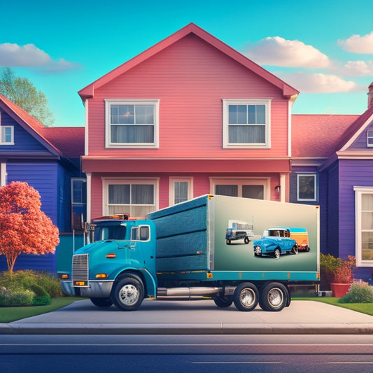 A stylized illustration of a moving truck parked in front of a suburban home, with colorful boxes and furniture half-unloaded, surrounded by scattered coins and a faint cityscape in the background.