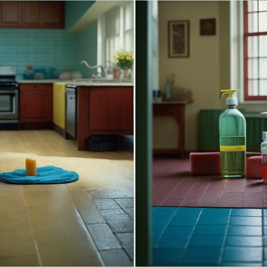A split-screen image featuring a dull, dirty floor on the left and a revitalized, shiny floor on the right, with a few WOCA Natural Soap bottles and a mop in the background.