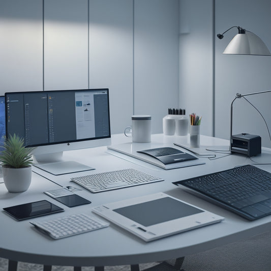 A futuristic, minimalist desk with a sleek laptop and a few neatly labeled folders, surrounded by a subtle grid of interconnected nodes and lines, conveying organization and efficiency.