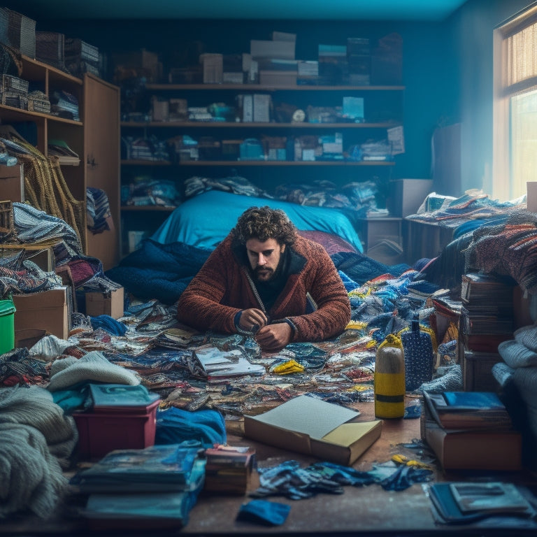 An image of a person trapped in a messy room, surrounded by piles of clothes, books, and boxes, with tangled cords and dusty vases, amidst a faint background of a serene, organized space.