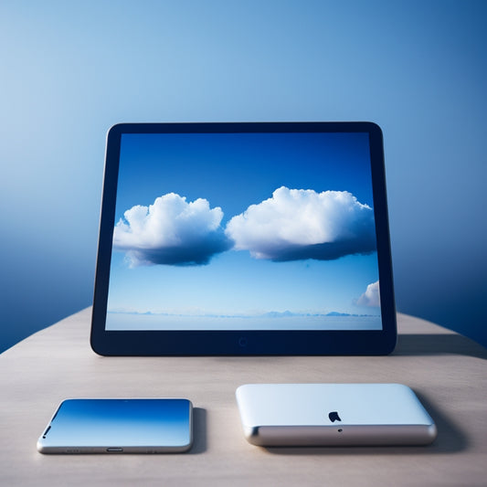 A minimalist illustration of an iPhone and iPad placed side by side on a modern desk, surrounded by wispy clouds, with a subtle gradient of blue and white hues in the background.