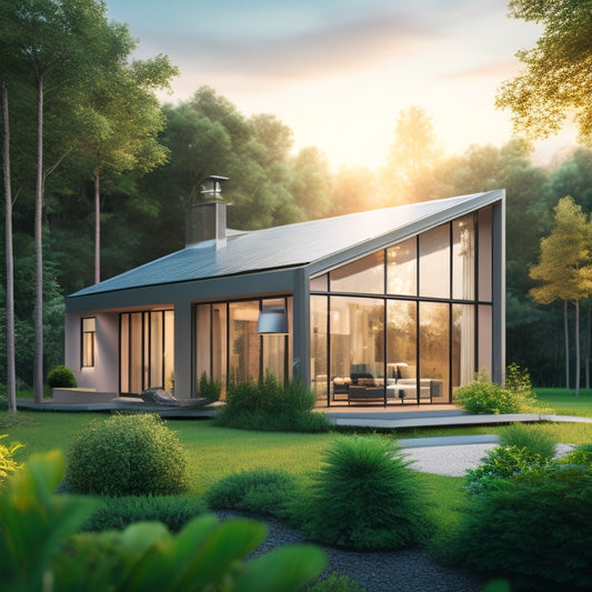 A serene, modern home with large windows, surrounded by lush greenery, featuring solar panels on the roof and a sleek, silver thermostat on the wall, with a subtle glow of energy-efficient lighting.