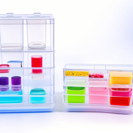 A transparent, rectangular plastic container with a secure snap-on lid, filled with various laboratory specimens, such as petri dishes, test tubes, and slides, arranged neatly on a white background.