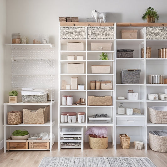 A modern, well-organized home storage system with stackable shelves, labeled bins, and a pegboard, set against a clean, white background, with natural light pouring in from the left.