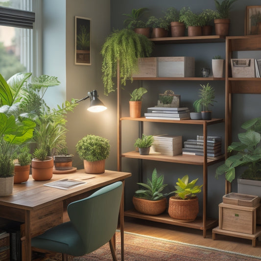 A tidy, well-lit study area with a wooden desk, a laptop, and a few neatly labeled folders, surrounded by a few potted plants and a minimalist bookshelf with color-coded storage bins.