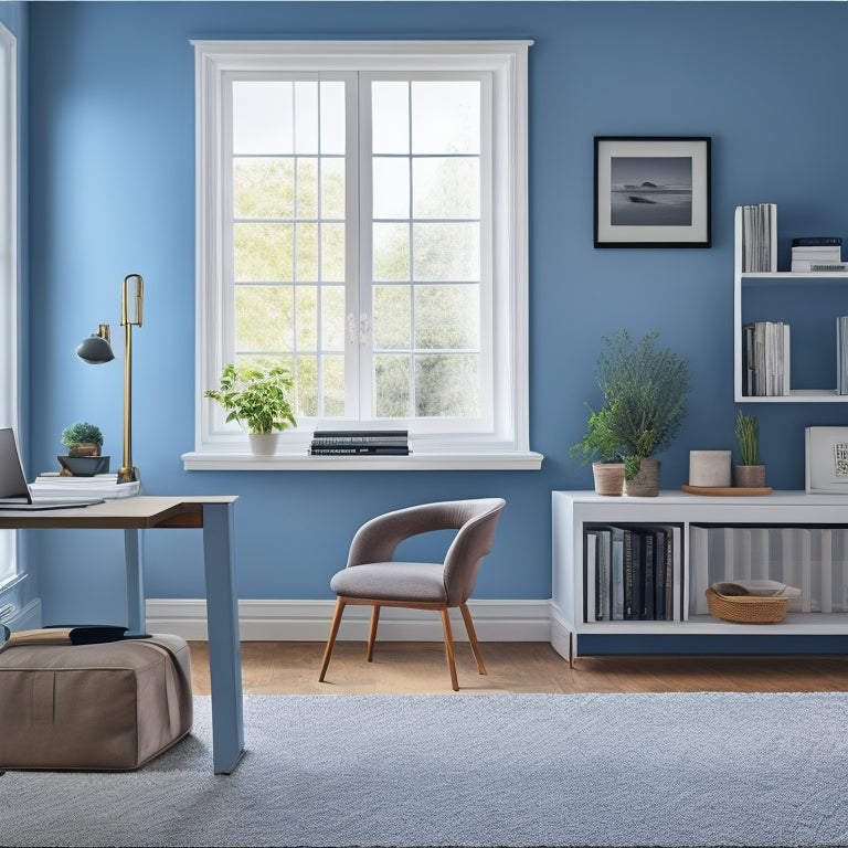 A serene living room with a minimalist desk, a organized laptop and tablet, a few select books on a shelf, and a calm background with a subtle gradient of blues and whites.