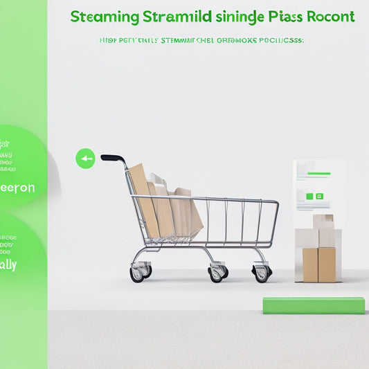 An illustration of a simplified, streamlined checkout process: a swift arrow navigating through a few, minimal steps, with a green "complete" checkbox and a subtle shopping cart in the background, surrounded by calming whitespace.