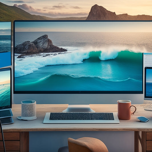 An organized digital workspace with a clean desktop, a few neatly labeled folders, and a calm ocean wave background, symbolizing a peaceful online environment.