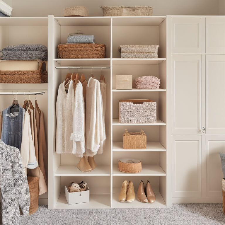 A tidy, whitewashed closet with 3-4 wooden shelves of varying heights, adorned with a few stylish clothing items and decorative storage bins, amidst a subtle background of soft, natural light.