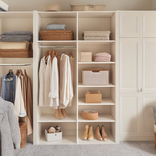 A tidy, whitewashed closet with 3-4 wooden shelves of varying heights, adorned with a few stylish clothing items and decorative storage bins, amidst a subtle background of soft, natural light.