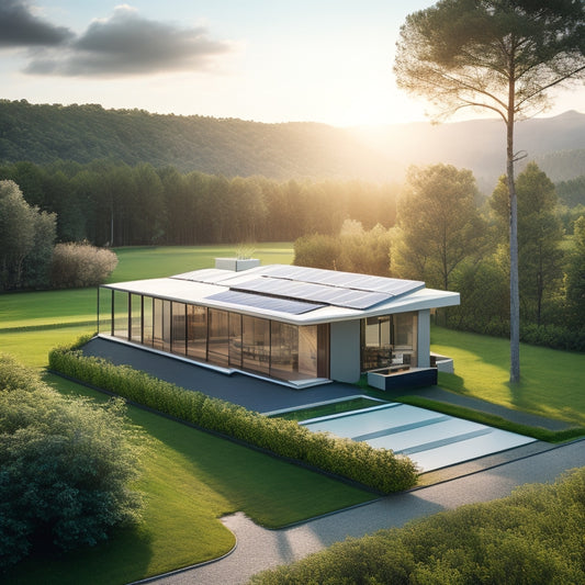 A serene landscape with a modern home in the distance, surrounded by lush greenery, featuring a sleek solar panel array on the rooftop and a compact, futuristic battery storage system beside the house.