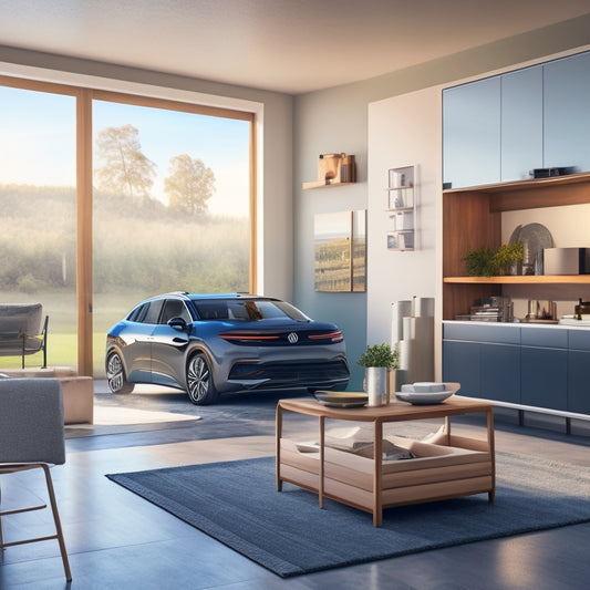 A sleek, silver VW ID.4 parked in a modern, minimalist living room, surrounded by YURIK Accessories' products, including a black roof rack, floor mats, and a trunk organizer, all neatly arranged and lit by soft, natural light.