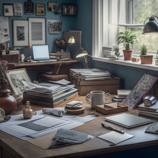 A cluttered home office with papers, files, and boxes scattered everywhere, with a few personal items like a family photo and a vase in the background, and a laptop open on a desk with a spreadsheet on the screen.