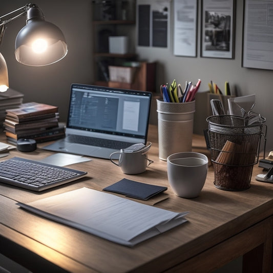 An organized desk with a tidy workspace, a laptop, and a few neatly arranged decluttering worksheets, surrounded by a few scattered papers and a trash can in the background, with a subtle hint of a calm and peaceful atmosphere.