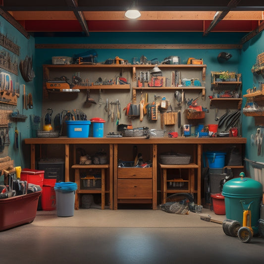 A cluttered garage transforms into an organized space with labeled bins, a slatwall with hooks, and a workbench with a vice, surrounded by a clean floor and well-arranged tools.