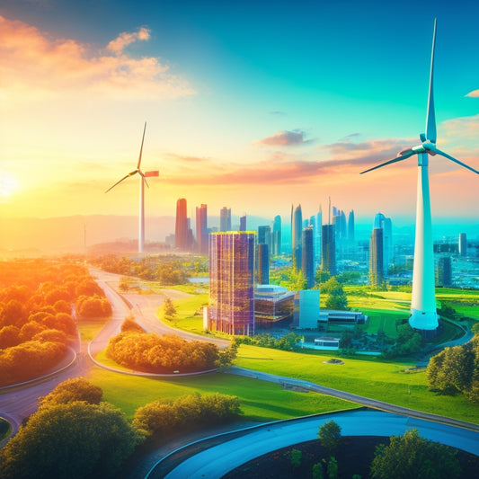 An illustration of a futuristic cityscape at sunset with sleek wind turbines, solar panels, and green buildings, surrounded by lush greenery and a bright blue sky with a few wispy clouds.