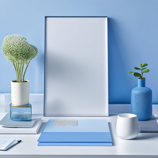 A serene, minimalist desk with a few neatly labeled file folders, a small plant, and a single, elegant pen holder, set against a soft, calming blue background with plenty of white space.