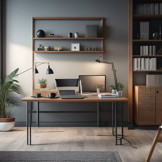 A minimalist, modern home office with a sleek, wooden desk and a few, carefully placed, high-quality pens, contrasted with a cluttered, messy background, featuring overflowing file cabinets and chaotic cords.