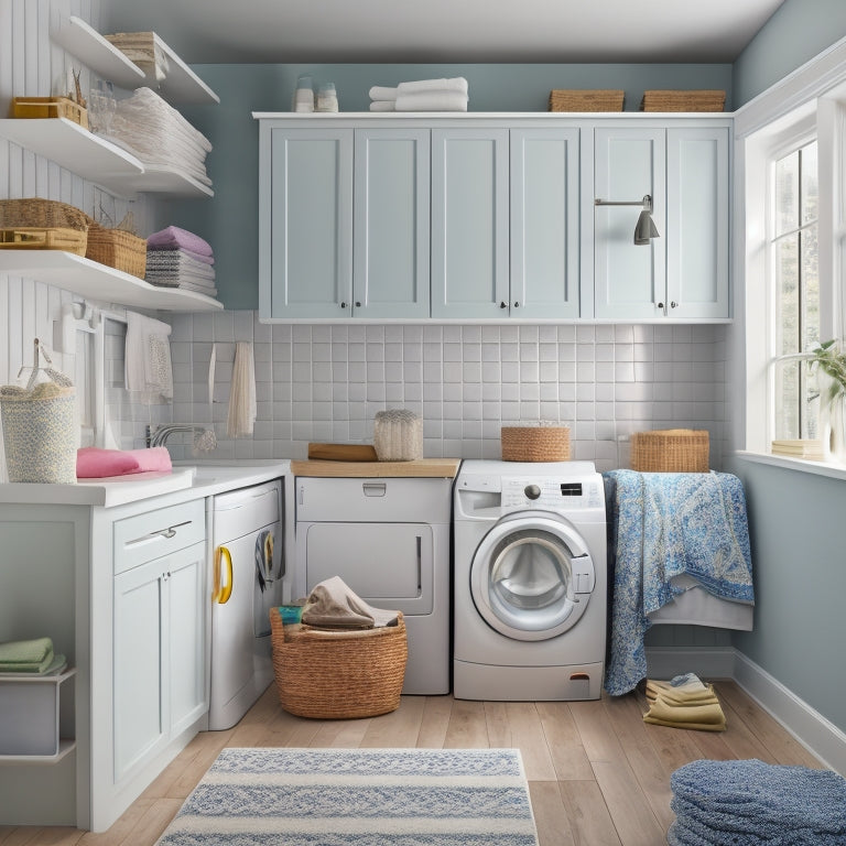 A bright, compact laundry room with a stacked washer/dryer, a fold-down ironing board, and a wall-mounted shelf holding a laundry sorter and a few neatly folded towels.
