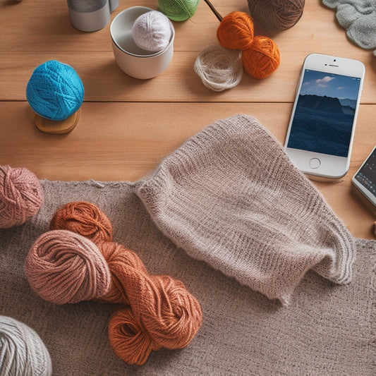 A minimalist illustration featuring a modern smartphone surrounded by scattered knitting patterns, yarn balls, and half-knitted scarves, with a subtle background of wooden knitting needles and a cozy living room atmosphere.