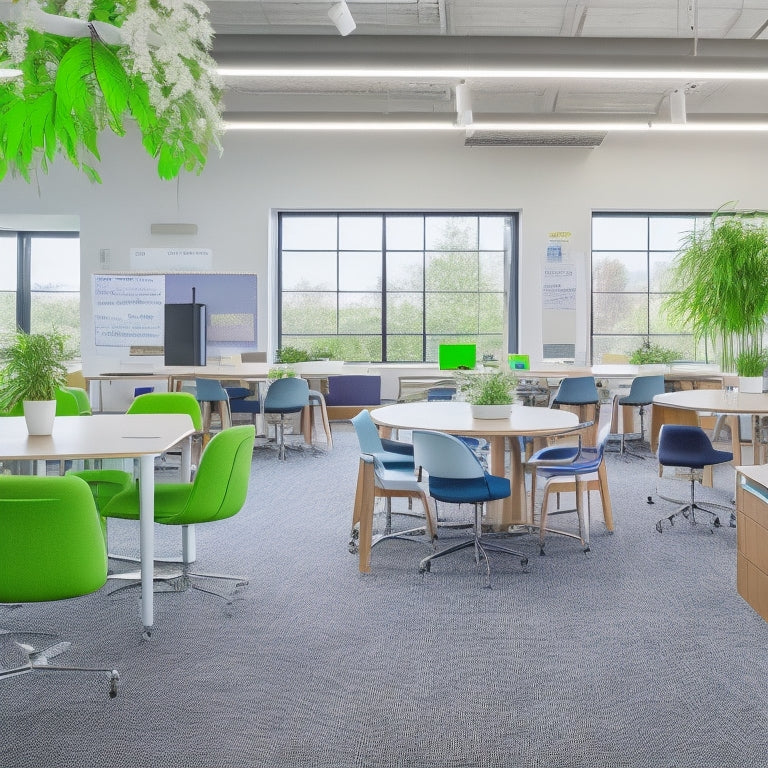 A modern, well-lit classroom with curved rows of standing desks, colorful rugs, and a floor-to-ceiling whiteboard wall, surrounded by sleek, minimalist shelving units and vibrant, oversized plants.